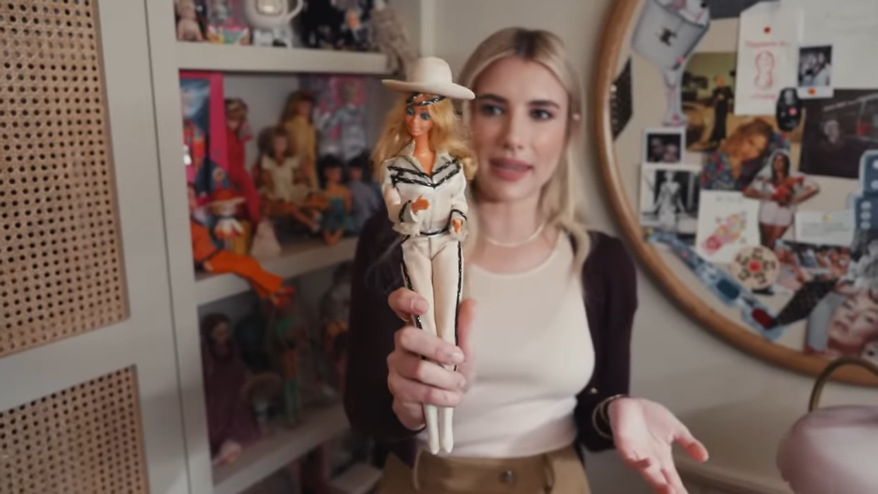 Emma Roberts reveals her massive doll collection, featuring “drunk cowgirl Barbie”