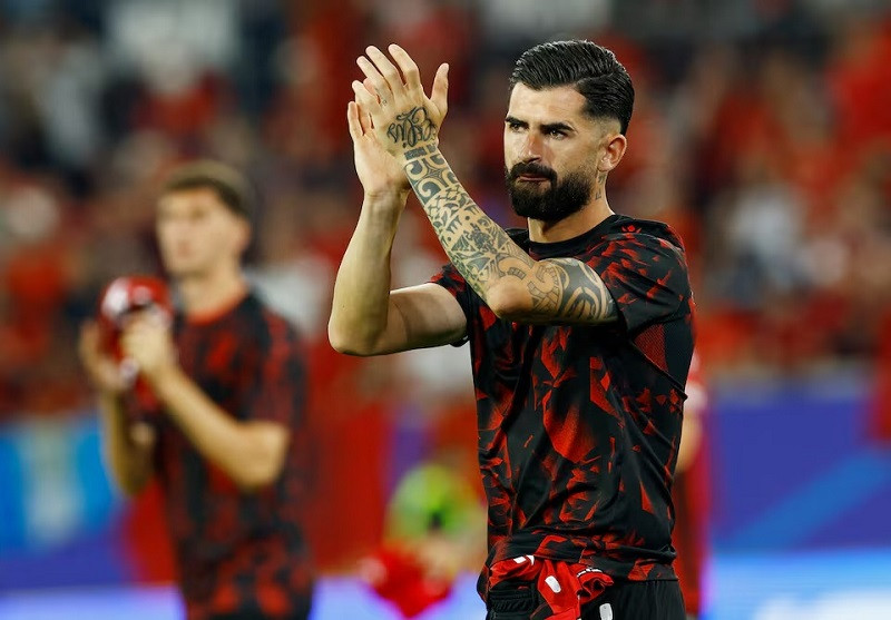 Albania's Elseid Hysaj applauds fans after the match, Dusseldorf Arena, Dusseldorf, Germany, June 24, 2024. PHOTO: REUTERS