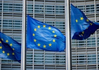 flags of the european union flying on masts photo file