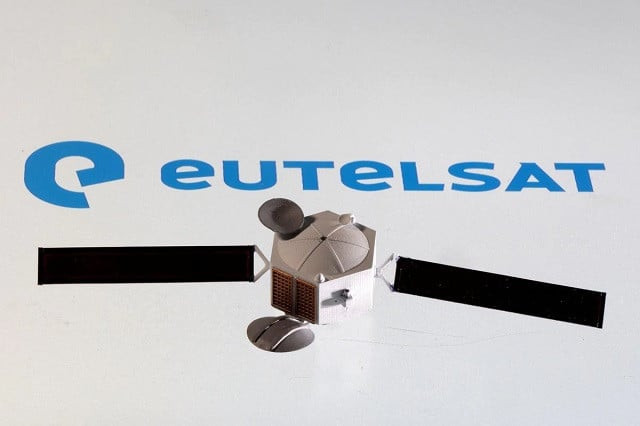 a satellite model is placed on eutelsat logo in this picture illustration taken april 4 2022 photo reuters