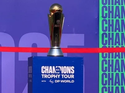 icc champions trophy 2025 trophy displayed at karachi s national bank stadium