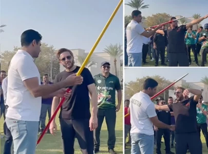 watch shahid afridi learns javelin throw skills from arshad nadeem