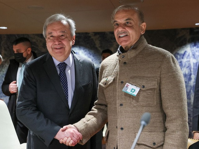 prime minister shehbaz sharif shakes hands with united nations secretary general antonio guterres on the day of a summit on climate resilience in pakistan months after deadly floods in the country at the united nations in geneva switzerland january 9 2023 reuters