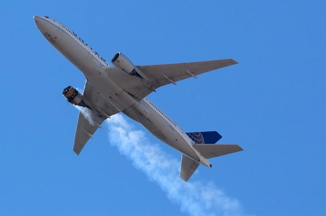 united airlines flight ua328 carrying 231 passengers and 10 crew on board returns to denver international airport with its starboard engine on fire after it called a mayday alert over denver colorado us february 20 2021 photo reuters