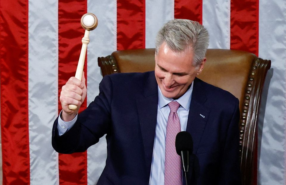 speaker of the house kevin mccarthy r ca bangs the speaker s gavel for the first time after being elected the next speaker of the u s house of representatives in a late night 15th round of voting on the fourth day of the 118th congress at the us capitol in washington us january 7 2023 photo reuters evelyn hockstein