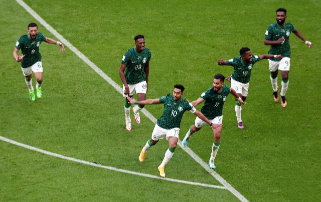 fifa world cup qatar 2022   group c   argentina v saudi arabia   lusail stadium lusail qatar   november 22 2022 saudi arabia s salem al dawsari celebrates scoring their second goal with teammates photo reuters