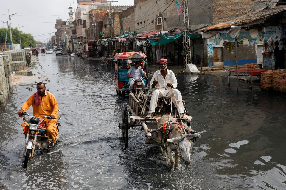 The man is driving on donkey cart through rainwater, after rains and floods in the rainy season in Jacobabad, Pakistan, August 30, 2022 REUTERS