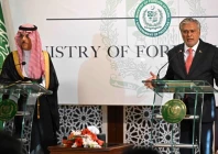 foreign minister ishaq dar r speaks next to his saudi counterpart prince faisal bin farhan during their joint press conference at the foreign ministry in islamabad on april 16 2024 photo afp