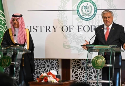 foreign minister ishaq dar r speaks next to his saudi counterpart prince faisal bin farhan during their joint press conference at the foreign ministry in islamabad on april 16 2024 photo afp