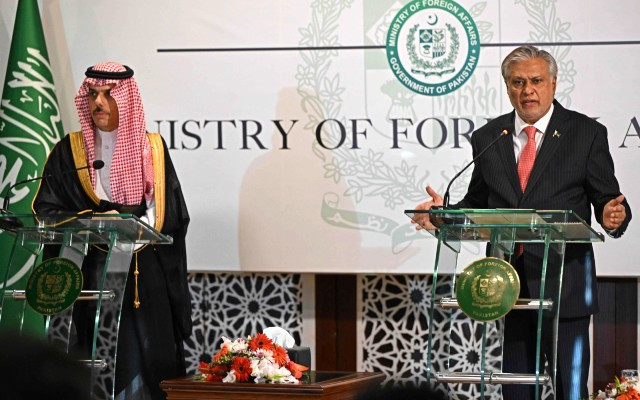 foreign minister ishaq dar r speaks next to his saudi counterpart prince faisal bin farhan during their joint press conference at the foreign ministry in islamabad on april 16 2024 photo afp