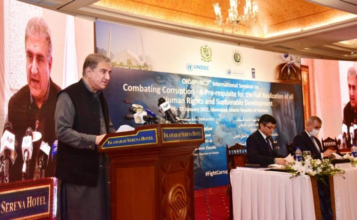 foreign minister shah mahmood qureshi addresses a seminar on combatting corruption jointly organised by the organisation of islamic cooperation oic and independent permanent human rights commission photo app