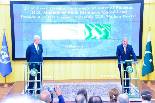 fm qureshi and un general assembly president volkan bozkir at a joint news conference in islamabad on may 27 2021 photo twitter smqureshipti fm qureshi and un general assembly president volkan bozkir at a joint news conference in islamabad on may 27 2021 photo twitter smqureshipti
