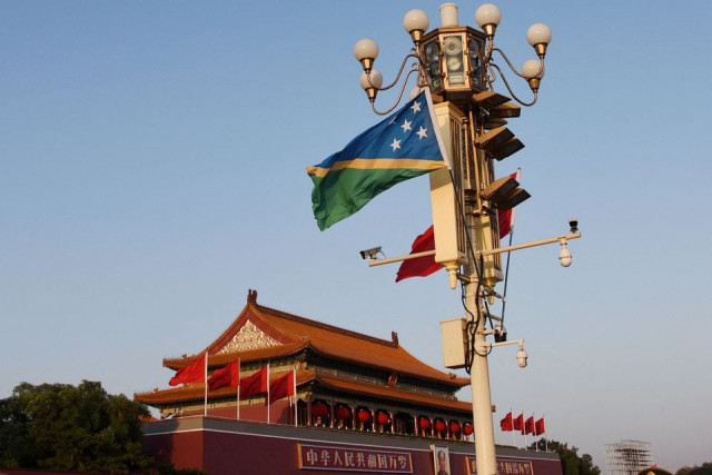 national flags of solomon islands and china flutter at the tiananmen square in beijing china october 7 2019 reuters