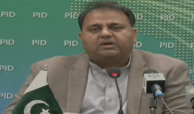 minister for science and technology fawad chaudhry addressing a press conference at the pid in islamabad on march 16 2021 screengrab