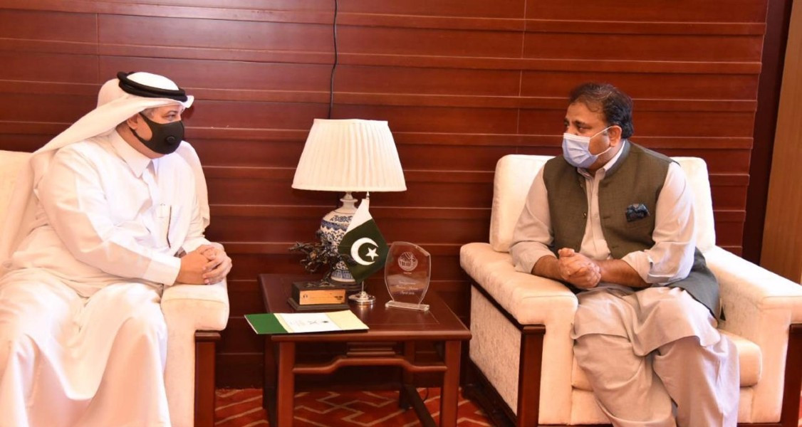 federal minister for information and broadcasting chaudhry fawad hussain in a meeting with ambassador of saudi arabia nawaf bin saeed al maliki on april 26 2021 photo express