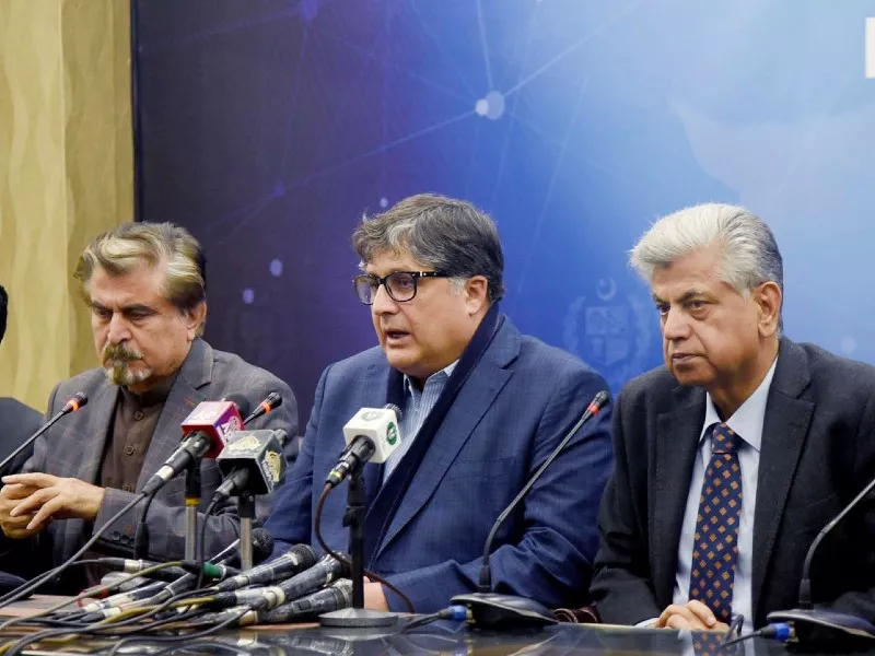 caretaker minister for information and broadcasting murtaza solangi along with caretaker minister for privatisation fawad hassan fawad and caretaker minister for national heritage and culture jamal shah addressing a press conference in islamabad on december 21 2023 photo pid caretaker minister for information and broadcasting murtaza solangi along with caretaker minister for privatisation fawad hassan fawad and caretaker minister for national heritage and culture jamal shah addressing a press conference in islamabad on december 21 2023 photo pid