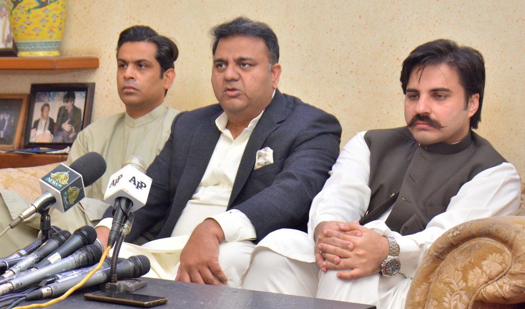 information minister fawad chaudhry talks to media after condolence on demise of father of mna alamgir khan at his residence in karachi jan 02 photo pid