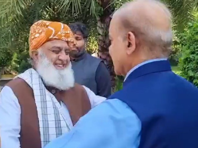 jui f amir maulana fazlur rehman was greeted by pml n president shehbaz sharif and other party leaders screengrab jui f amir maulana fazlur rehman was greeted by pml n president shehbaz sharif and other party leaders screengrab