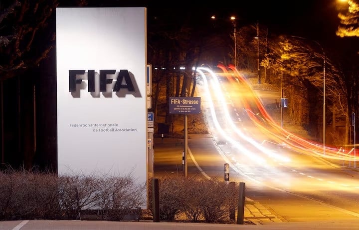 a long exposure shows fifa s logo near its headquarters in zurich switzerland february 27 2022 photo reuters