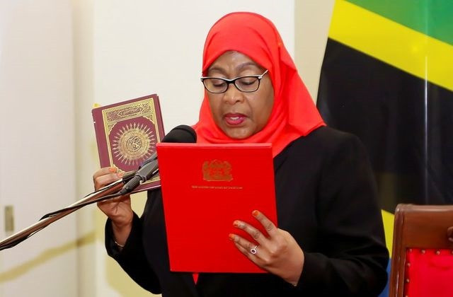 tanzania s new president samia suluhu hassan takes oath of office following the death of her predecessor john pombe magufuli at state house in dar es salaam tanzania march 19 2021 photo reuters