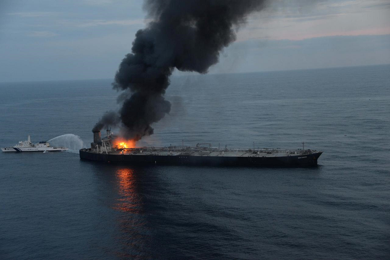 a sri lankan navy boat sprays water on the new diamond a very large crude carrier vlcc chartered by indian oil corp ioc that was carrying the equivalent of about 2 million barrels of oil after a fire broke out off east coast of sri lanka september 4 2020 photo reuters