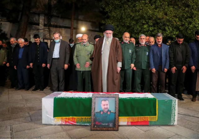 iran s supreme leader ayatollah ali khamenei pray next to the coffin of senior adviser for iran s revolutionary guards sayyed razi mousavi who was killed in an israeli air strike outside the syrian capital damascus during his funeral in tehran iran december 28 2023 office of the iranian iran s supreme leader ayatollah ali khamenei pray next to the coffin of senior adviser for iran s revolutionary guards sayyed razi mousavi who was killed in an israeli air strike outside the syrian capital damascus during his funeral in tehran iran december 28 2023 office of the iranian