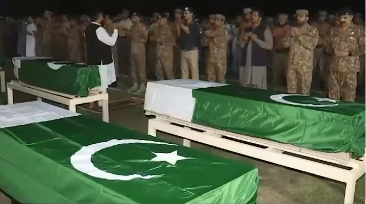 the funeral prayers of soldiers martyred in bannu suicide bombing were attended by senior serving military and civil administrative officers and troops photo ispr screengrab