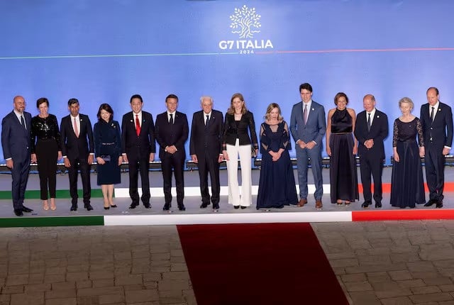 heads of states of g7 pose for a family photo as they arrive to attend a dinner at swabian castle in brindisi italy june 13 2024 photo reuters
