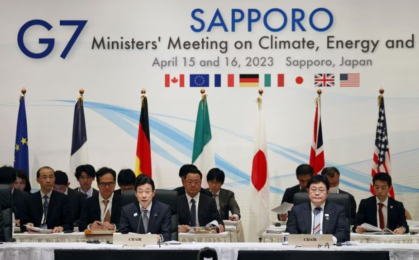 nishimura yasutoshi japan s minister of economy trade and industry environment minister akihiro nishimura and other delegates attend the opening session of g7 ministers meeting on climate energy and environment in sapporo japan april 15 2023 in this photo released by kyodo mandatory credit kyodo via reuters