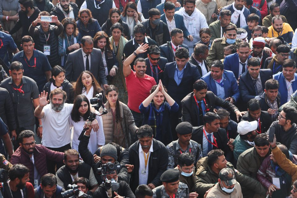 india s main opposition congress party s leader rahul gandhi his niece miraya vadra congress party leader priyanka gandhi and her husband robert vadra take part in an ongoing bharat jodo yatra unite india march in new delhi india december 24 2022 photo reuters anushree fadnavis