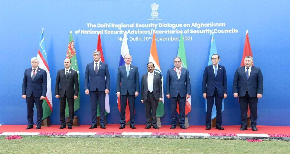 uzbekistan s security council secretary victor makhmudov turkmenistan s security council secretary charymyrat amanov tajikistan s security council secretary nasrullo rahmatjon mahmudzoda russia s security council secretary nikolai patrushev india s national security advisor ajit doval secretary of iran s supreme national security council ali shamkhani kazakhstan s chairman of the national security committee karim massimov kyrgyzstan s security council secretary marat imankulov pose before attending the delhi regional security dialogue on afghanistan in new delhi india november 10 2021 india s ministry of external affairs handout via reuters