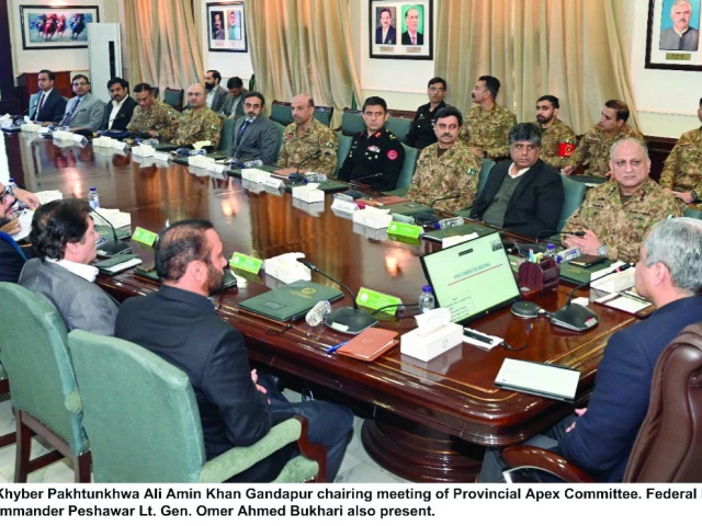 k p chief minister ali amin gandapur chairs a meeting of the provincial apex committee attended by interior minister mohsin naqvi peshawar corps commander lt gen omer bukhari and others photo express k p chief minister ali amin gandapur chairs a meeting of the provincial apex committee attended by interior minister mohsin naqvi peshawar corps commander lt gen omer bukhari and others photo express