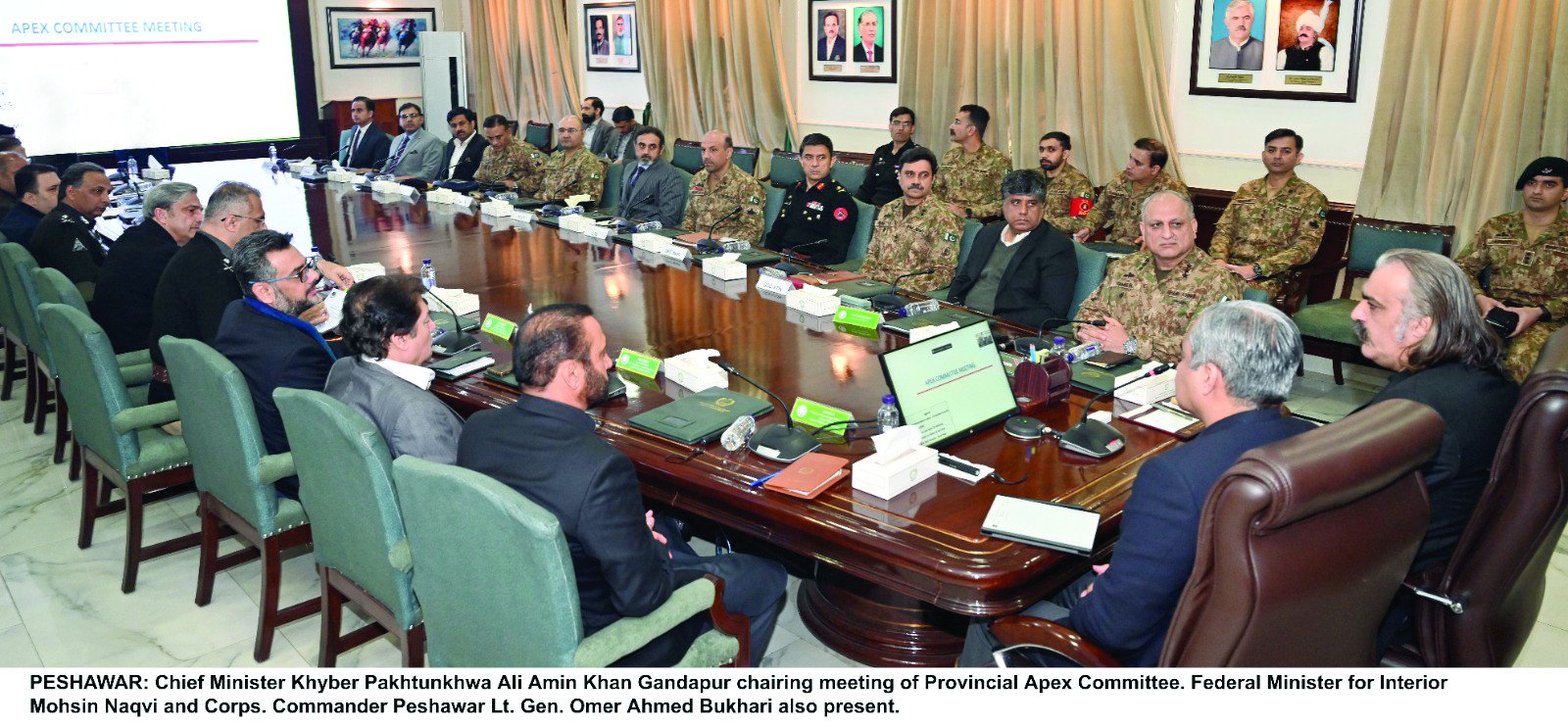 k p chief minister ali amin gandapur chairs a meeting of the provincial apex committee attended by interior minister mohsin naqvi peshawar corps commander lt gen omer bukhari and others photo express