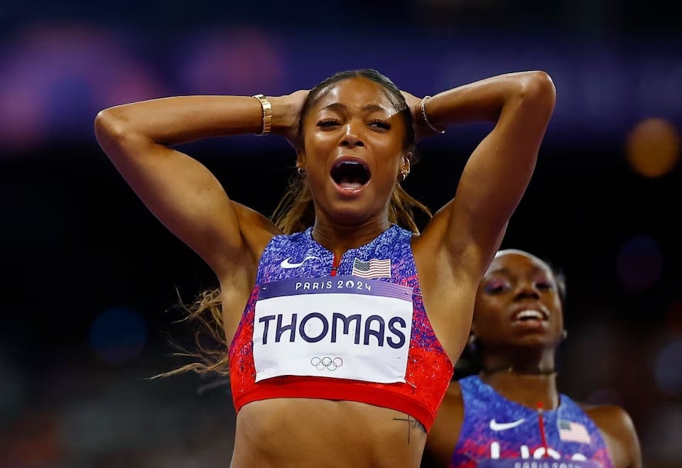 gabrielle thomas of united states celebrates after crossing the line to win gold during paris 2024 olympics athletics women s 200m final at stade de france saint denis france on august 06 2024 photo reuters