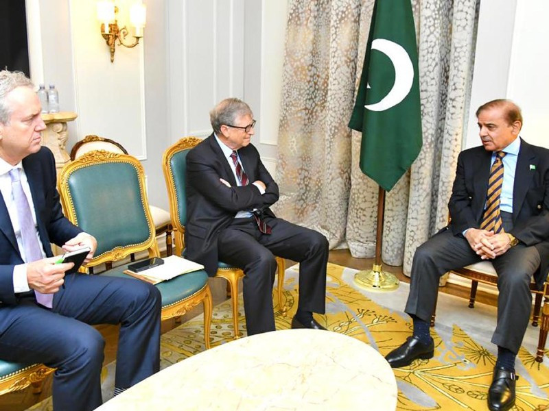 co chair of the bill and melinda gates foundation bill gates calls on prime minister shehbaz sharif on the sidelines of the 77th session of unga new york september 22 2022 photo pid