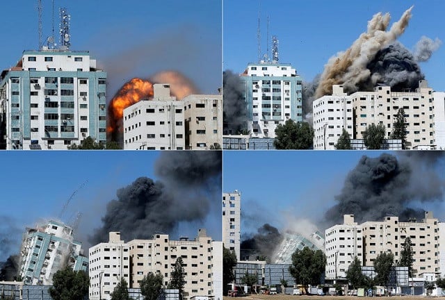 A combination picture shows a tower building housing AP, Al Jazeera offices as it collapses after Israeli missile strikes in Gaza city, May 15, 2021. PHOTO: REUTERS