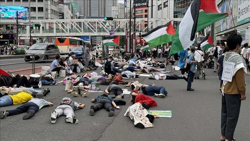 picture of the event in tokyo showing groups of protesters lying on the ground photo anadolu agency
