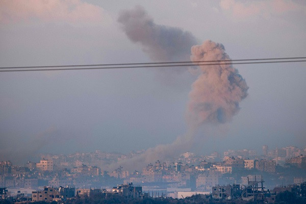 A photo taken from the border between Israel and Gaza shows smoke billowing during Israeli shelling of the Gaza Strip.  PHOTO: AFP
