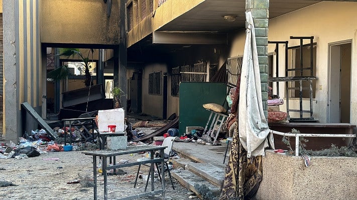 Debris covers the ground at damaged Shadia Abu Ghazaleh school following an Israeli raid. PHOTO: Reuters