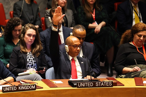 US Ambassador Alternate Representative of a US for Special Political Affairs in a United Nations Robert A. Wood raises his palm to conflict a opinion during a United Nations Security Council assembly on Gaza, during UN domicile in New York City. PHOTO: AFP