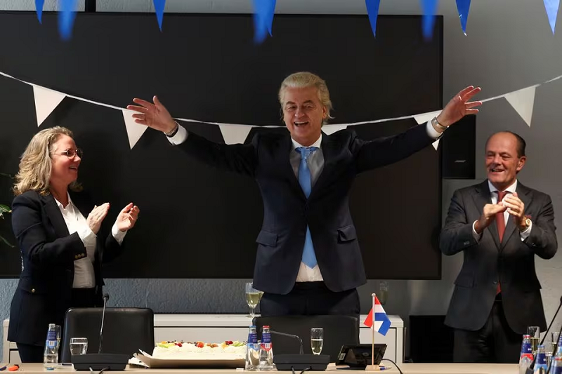 Dutch far-right politician and leader of the PVV party, Geert Wilders meets with members of his party at the Dutch Parliament, after the Dutch parliamentary elections, in The Hague, Netherlands November 23, 2023. PHOTO: REUTERS