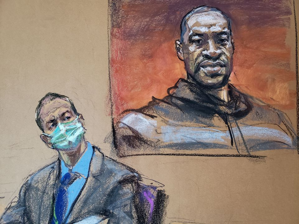 former minneapolis police officer derek chauvin sits in front of a picture of george floyd displayed during chauvin s trial for second degree murder third degree murder and second degree manslaughter in the death of floyd in minneapolis minnesota u s march 29 2021 in this courtroom sketch from a video feed of the proceedings photo reuters