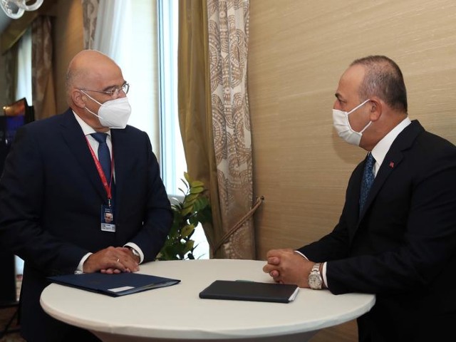 turkish foreign minister mevlut cavusoglu meets with his greek counterpart nikos dendias on the sidelines of the global security forum in bratislava slovakia october 8 2020 photo reuters