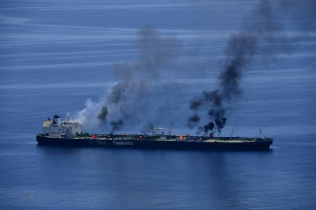 flames and smoke rise from the greek flagged oil tanker sounion which has been on fire since august 23 on the red sea august 25 2024 photo reuters flames and smoke rise from the greek flagged oil tanker sounion which has been on fire since august 23 on the red sea august 25 2024 photo reuters
