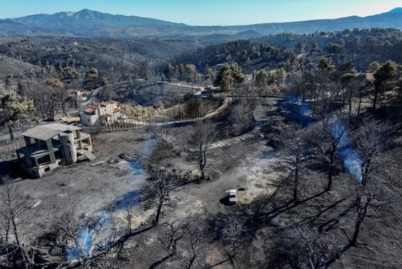 destroyed houses and a destroyed car in a charred forest area following a wildfire in the village of varnavas greece august 13 2024 photo reuters