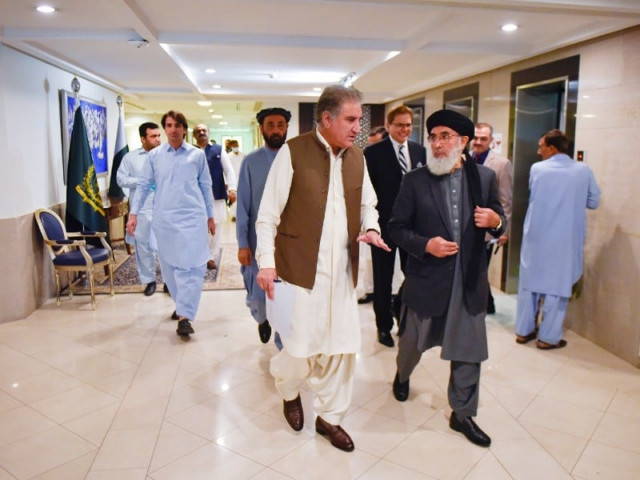 foreign minister shah mehmood qureshi talking to leader of hezb e islami afghanistan gulbuddin hekmatyar during a meeting in islamabad on october 19 2020 photo express foreign minister shah mehmood qureshi talking to leader of hezb e islami afghanistan gulbuddin hekmatyar during a meeting in islamabad on october 19 2020 photo express