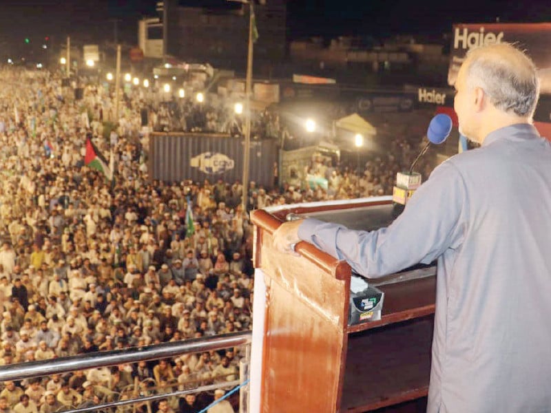 ji amir hafiz naeemur rehman addresses a public gathering in peshawar photo express