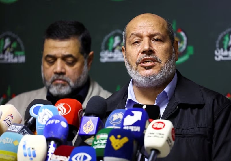 Hamas officials, Khalil Al-Hayya and Osama Hamdan, attend a press conference in Beirut, Lebanon, November 21, 2023. PHOTO: REUTERS