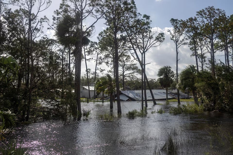 destroyed structures sit in floodwater after hurricane helene made landfall in horseshoe beach florida us on september 27 2024 photo reuters