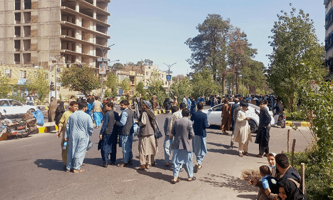 crowds of women and children stood out in the wide streets of herat away from tall buildings in the moments after the first quake photo afp